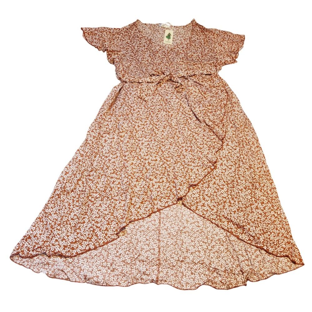Nemidor US 26 Floral Print High Low Dress Ruffle Sleeve Brown White Maxi‎